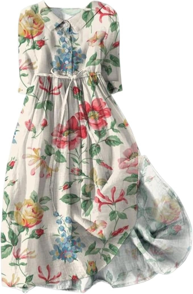 Summer Dresses for Women 2025 Plus Size Cotton Linen Maxi Dress 3/4 Sleeve Long Boho Spring Dress... | Amazon (US)