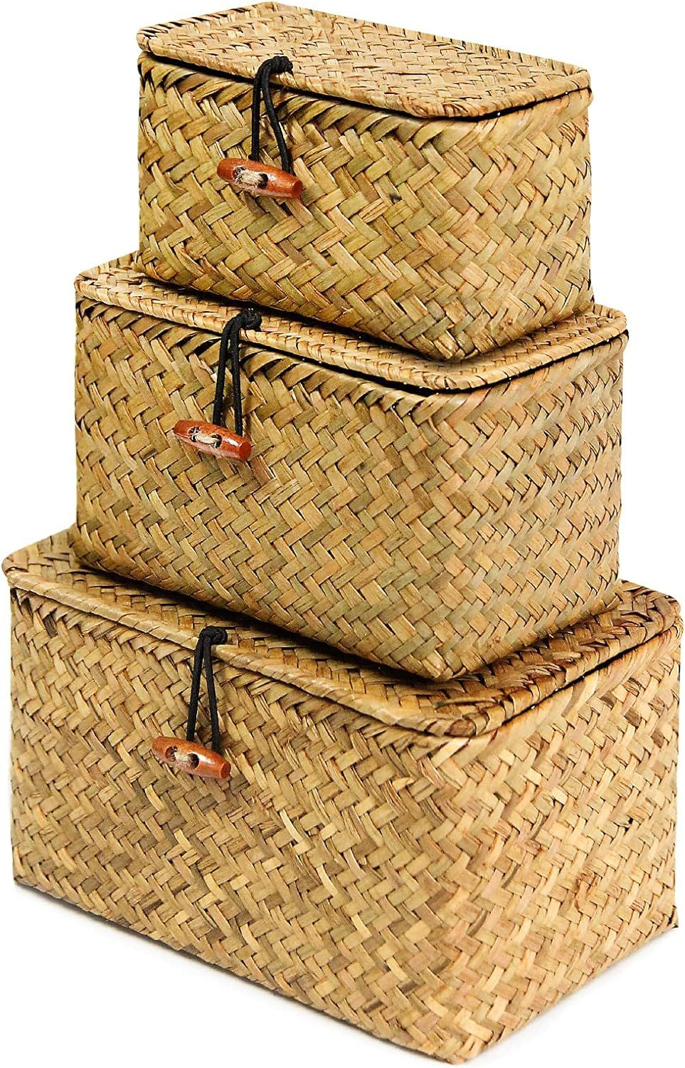 FEILANDUO Shelf Baskets with Lid Set of 3 Handwoven Seagrass Storage Box Wicker Basket Desktop Ma... | Amazon (US)