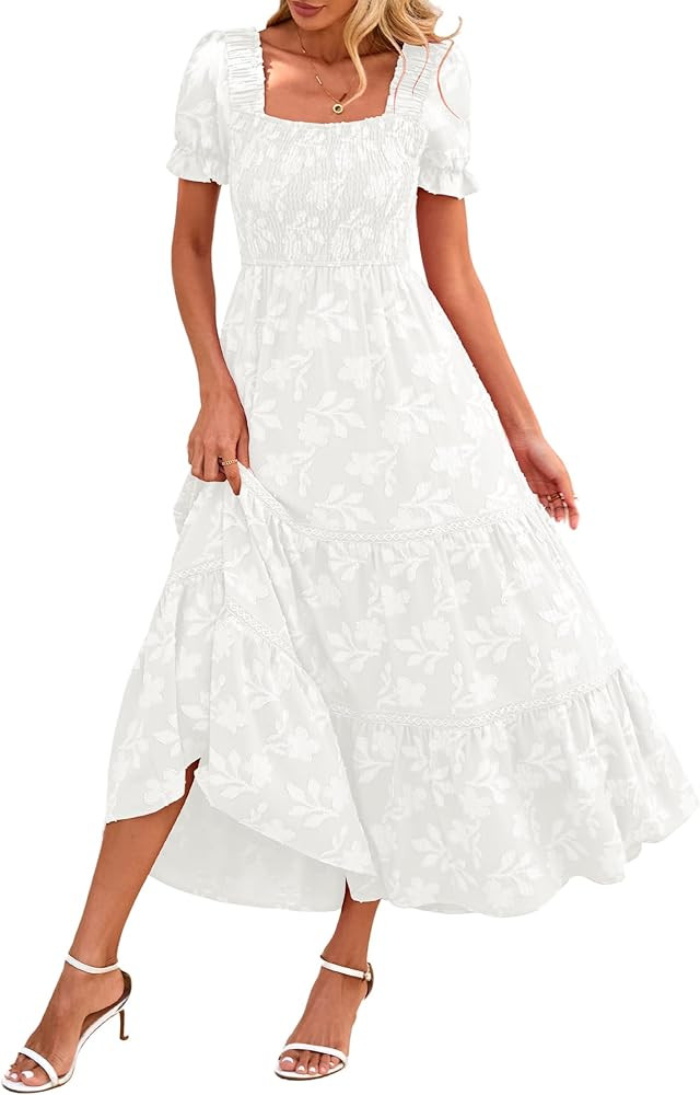 Lazysmile Women's Summer Boho Floral Maxi Dress Short Sleeve Square Neck Smocked Ruffle Elegant W... | Amazon (US)