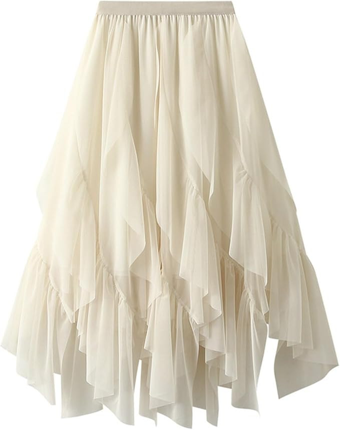 Women's Chiffon Skirts Layered Flowy Skirt Boho Mid Length Swing Ruffle Skirt Party Beach Skirts | Amazon (US)