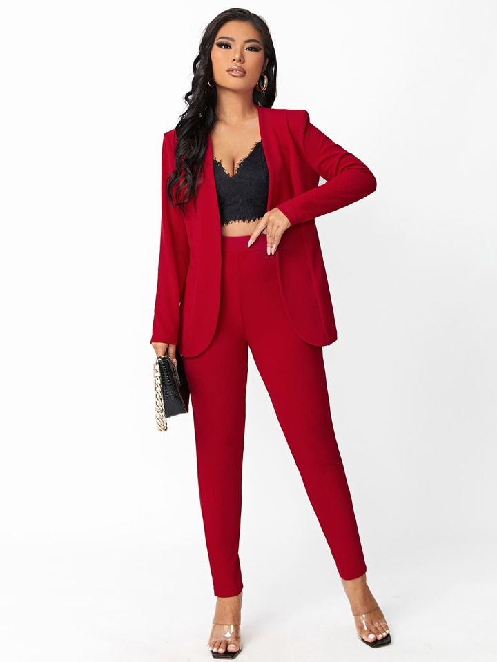 SHEIN SXY Solid Open Front Blazer & Pants Set Without Camisole | SHEIN