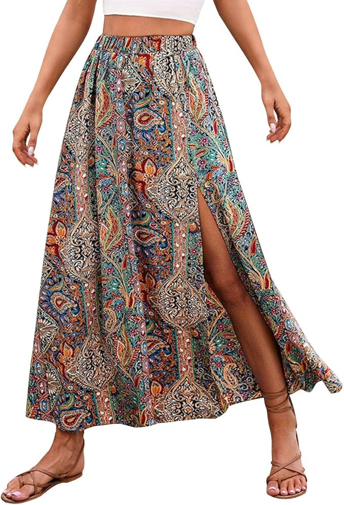 Women's Boho Skirts Paisley Print Bohemian Skirts Vintage Shirred High Waisted Ruffle Swing Long ... | Amazon (US)