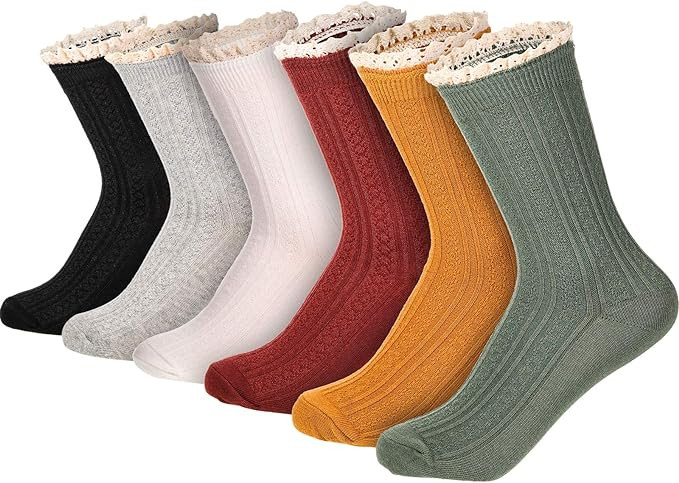 Syhood 6 Pairs Women Ruffle Socks Frilly Lace Trim Cotton Cute Vintage Dress Crew Ankle Boot Sock... | Amazon (US)