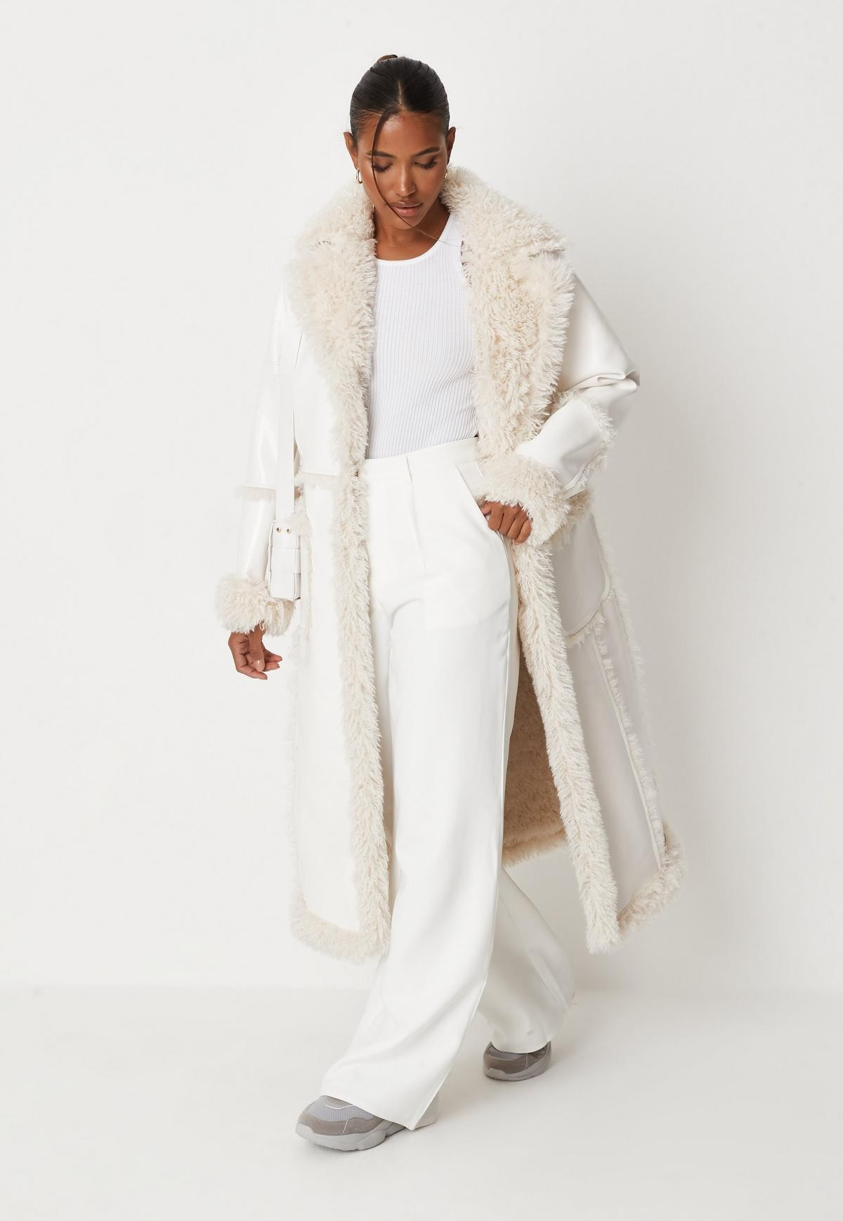 Missguided - White Faux Leather Maxi Aviator Coat | Missguided (US & CA)