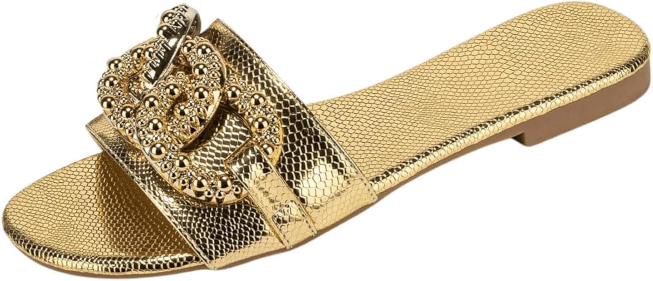 Verdusa Women's Slip On Flat Sandals Metallic Flat Summer Sandals | Amazon (US)