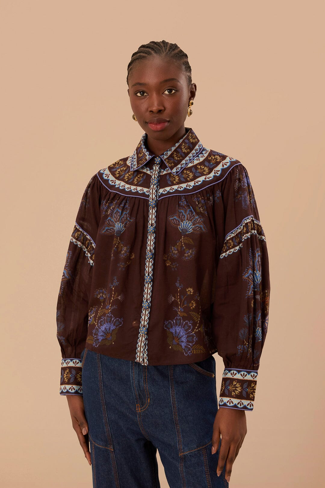 Brown Embroidered Garden Blouse | FarmRio (US)