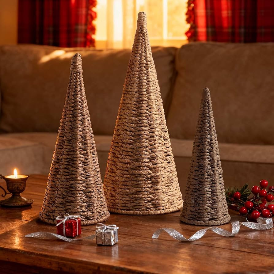 3pcs Natural Woven Christmas Trees Decor, Artificial Christmas Tree Decorations for Home Party Ta... | Amazon (US)