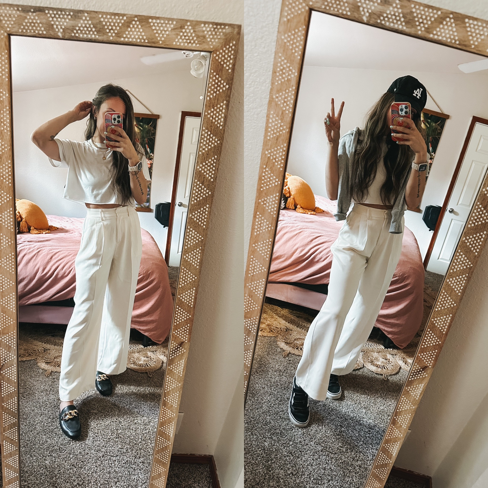 Dress it up and dress it down, Amazon trousers and cropped tee edition 😍 we are loving the neutral vibes for the transition to fall. Mules, some gold jewelry and pinned up hair for a day at work. Change into some Velcro black vans, a black baseball cap, and a heather grey crewneck to take the kids to soccer practice 👌🏼