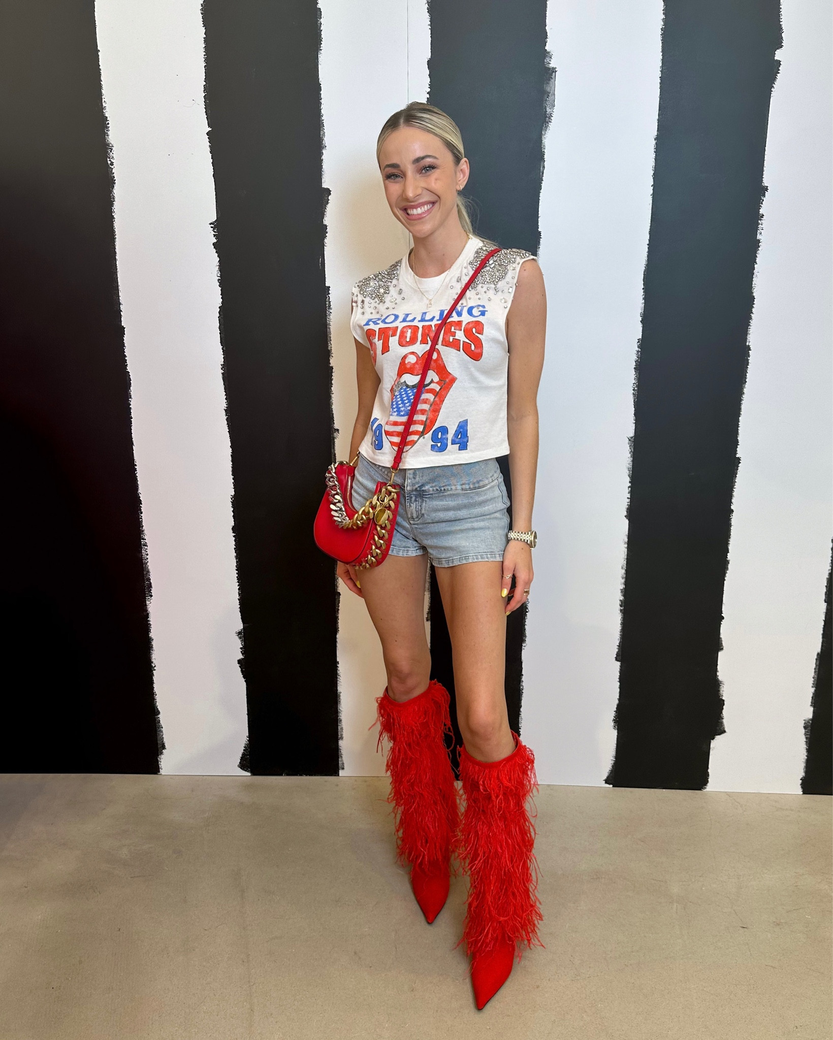 alice + olivia
stella mccartney 
tudor watch
jeffrey campbell
rolling stones graphic tee, denim shorts, feather boots, gold accessories, dallas texas, spring event

#LTKitbag #LTKshoecrush #LTKbeauty