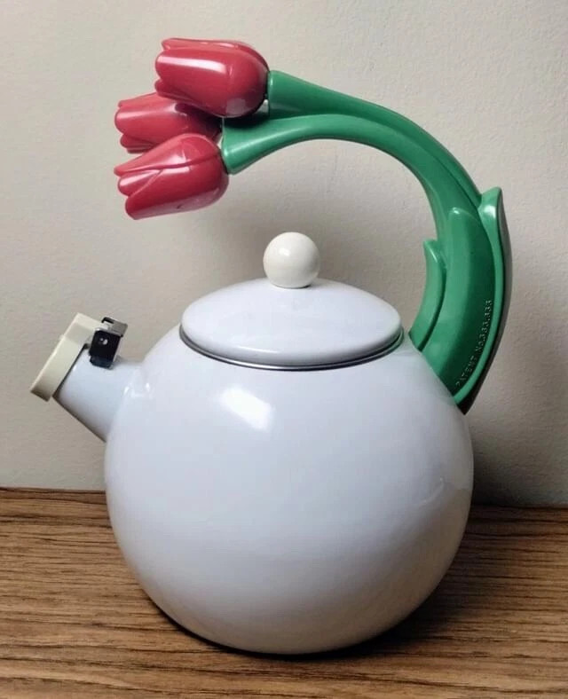 Via Ancona Tea Kettle Enameled Steel Red Tulips Hummingbird Vintage *READ*  | eBay | eBay US