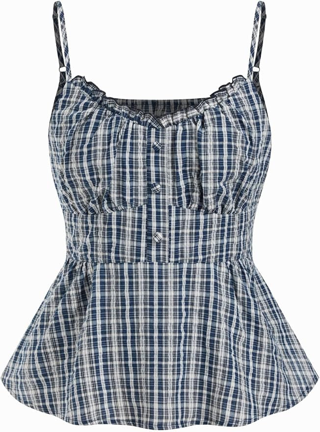 CIDER Women's Gingham Crop Babydoll Tops V Neck Ruched Ruffle Tie Going Out Tops Cute Tank Top Tr... | Amazon (US)
