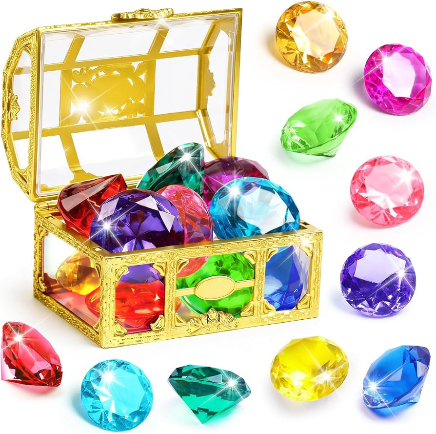 DISHIO Large Diving Gem Pool Toys with Golden Treasure Box, 10PCS Colorful Acrylic Diamonds Set f... | Amazon (US)
