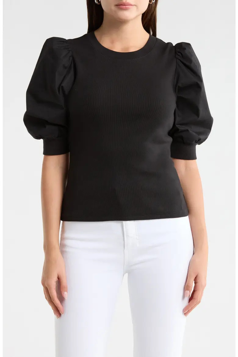 Coralee Puff Shoulder Rib & Stretch Poplin Top (Women) | Nordstromrack | Nordstrom Rack