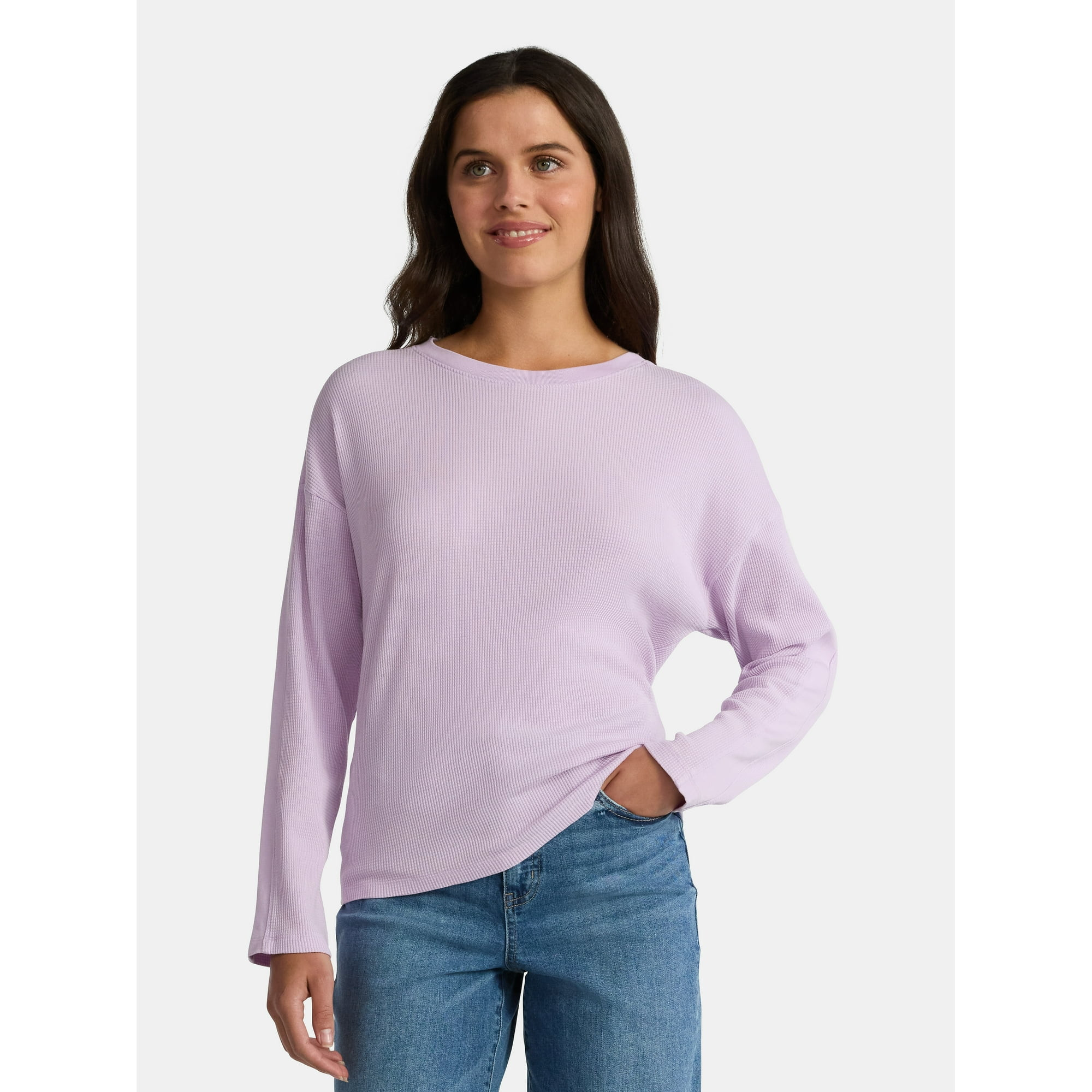 Time and Tru Women's Boxy Thermal Tee with Long Sleeves, Sizes XS-XXXL | Walmart (US)