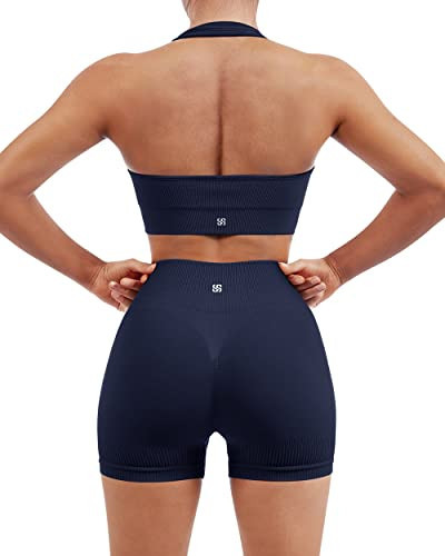 SUUKSESS Women Two Piece Seamless Ribbed Workout Sets Outfits Backless Halter Sports Bra Booty Biker Shorts (Navy Blue, S) | Amazon (US)