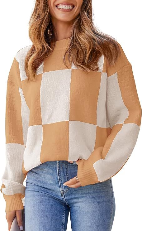 CCTOO Women's Color Block Sweaters Casual Long Sleeve Plaid Print Crew Neck Knitted Pullover Jump... | Amazon (US)