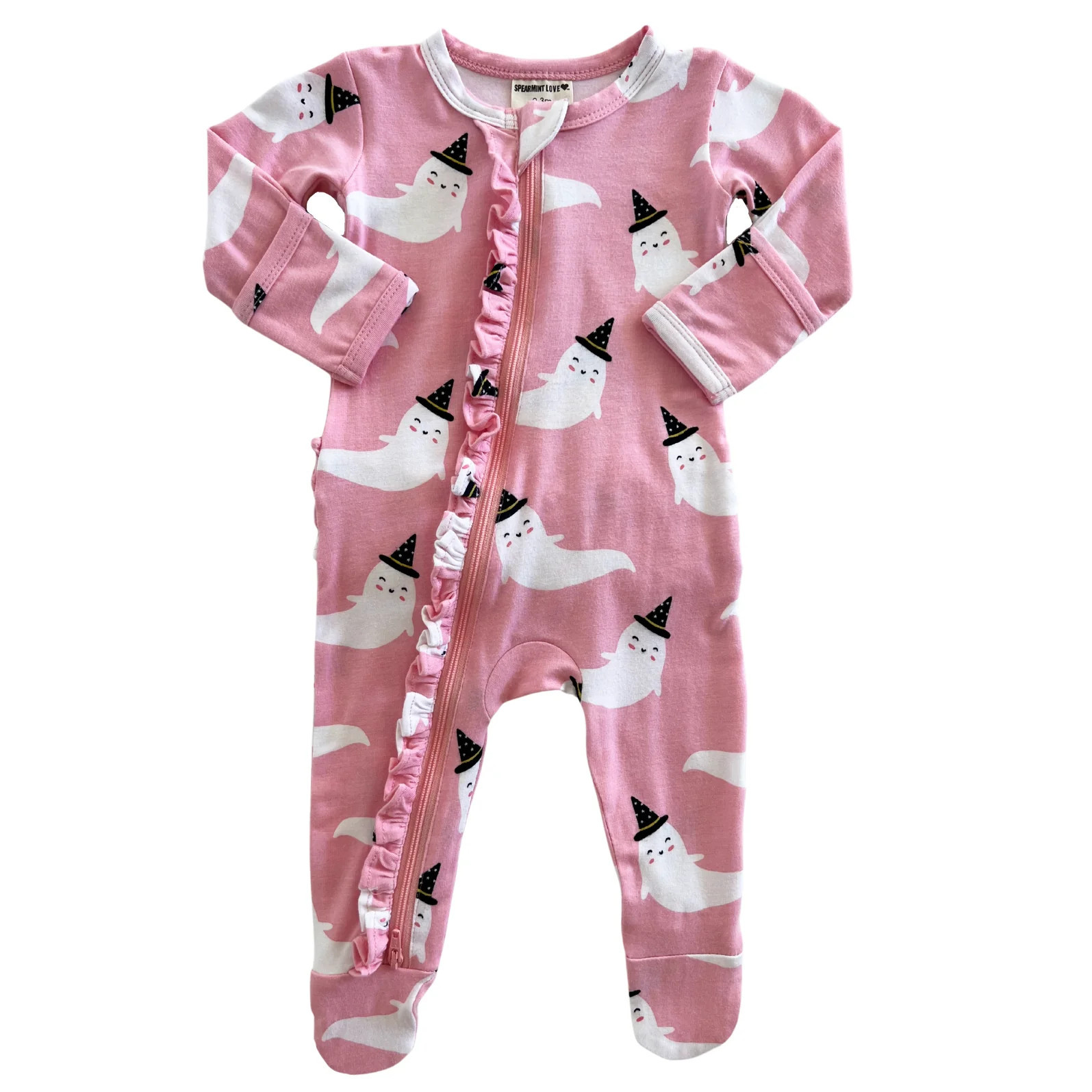 2-Way Ruffle Zip Footie, Pink Ghost | SpearmintLOVE