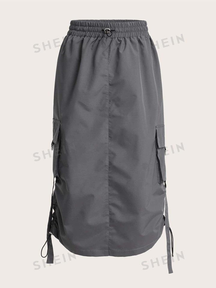 SHEIN ICON Solid Drawstring Waist Flap Pocket Cargo Skirt | SHEIN