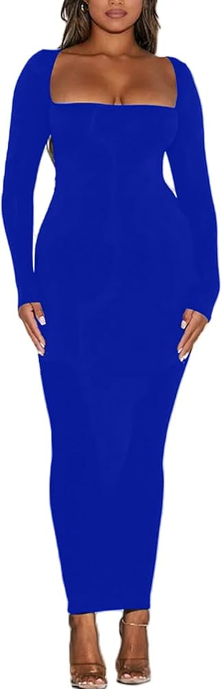 Women's Long Sleeve Bodycon Dress Square Neck Maxi Club Party Fall Long Tight Dresses | Amazon (US)