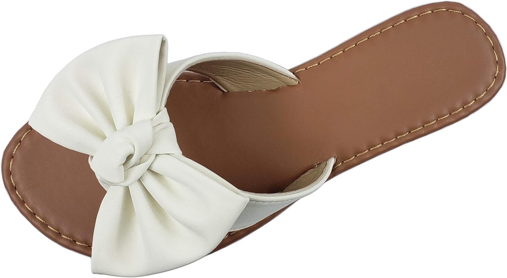 Amazon.com | Tiara Slip On Sandal Slide Flat with Knot Bow, White, 10 | Slides | Amazon (US)
