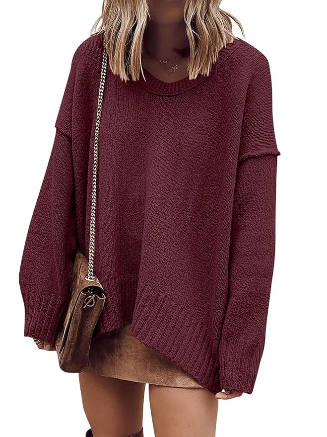 ANRABESS Women's Oversized Casual Loose Slouchy Scoop V Neck Batwing Long Sleeve Knit 2025 Fall P... | Amazon (US)