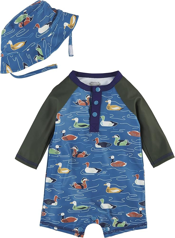 Mud Pie Boys Baby Rashguard One Piece Swimsuit and Hat Set | Amazon (US)