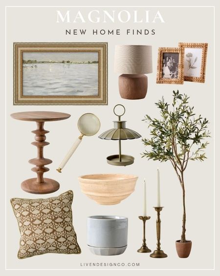 Magnolia Home decor finds. Home accents. Living room. Bedroom. Pedestal wood accent side table. Potted olive tree. Coastal painting art. Bird feeder. Rattan picture frame. Decorative bowl. Ceramic planter. Ceramic lamp. Brown lamp. Brown block print pillow. Brass taper candle holders. 

#LTKSeasonal #LTKHome #LTKStyleTip