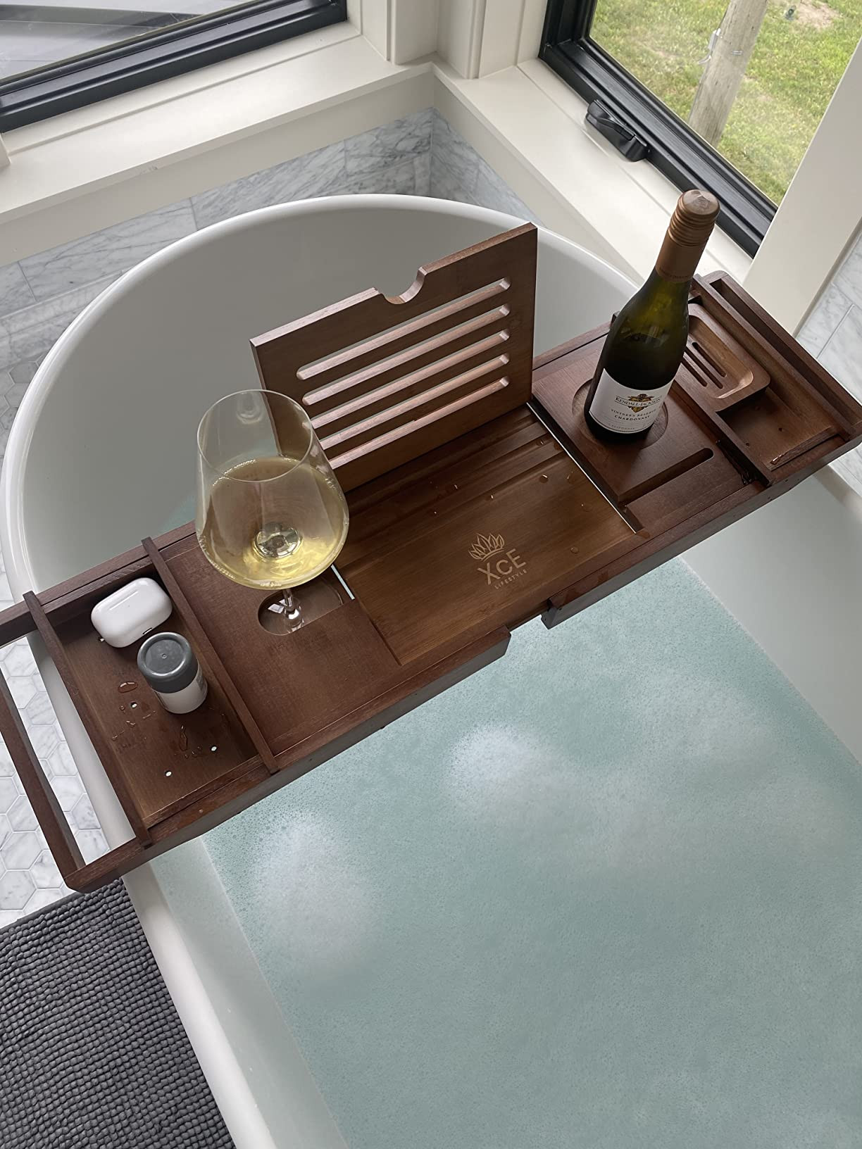 Bathtub Caddy Tray Expandable to 105cm with Bamboo Book Stand and Soap Tray, Brown | Amazon (US)