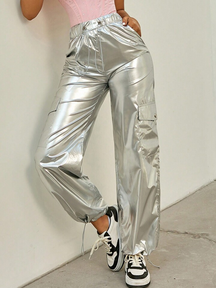 Rave Metallic Holographic Flap Pocket Side Drawstring Waist Wide Leg Cargo Parachute Pants | SHEIN