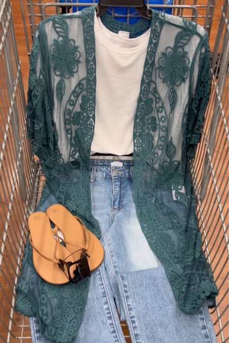 Walmart lace duster cardigan (makes a great swimsuit coverup!) and new rolled cuff boyfriend jeans, sizes 2-20 only $21.98! Fit true to size I got the 6. You could size down if between. Flip flops are Tkees lookalikes! #walmartfashion summer outfit

#LTKFindsUnder100 #LTKFindsUnder50 #LTKStyleTip
