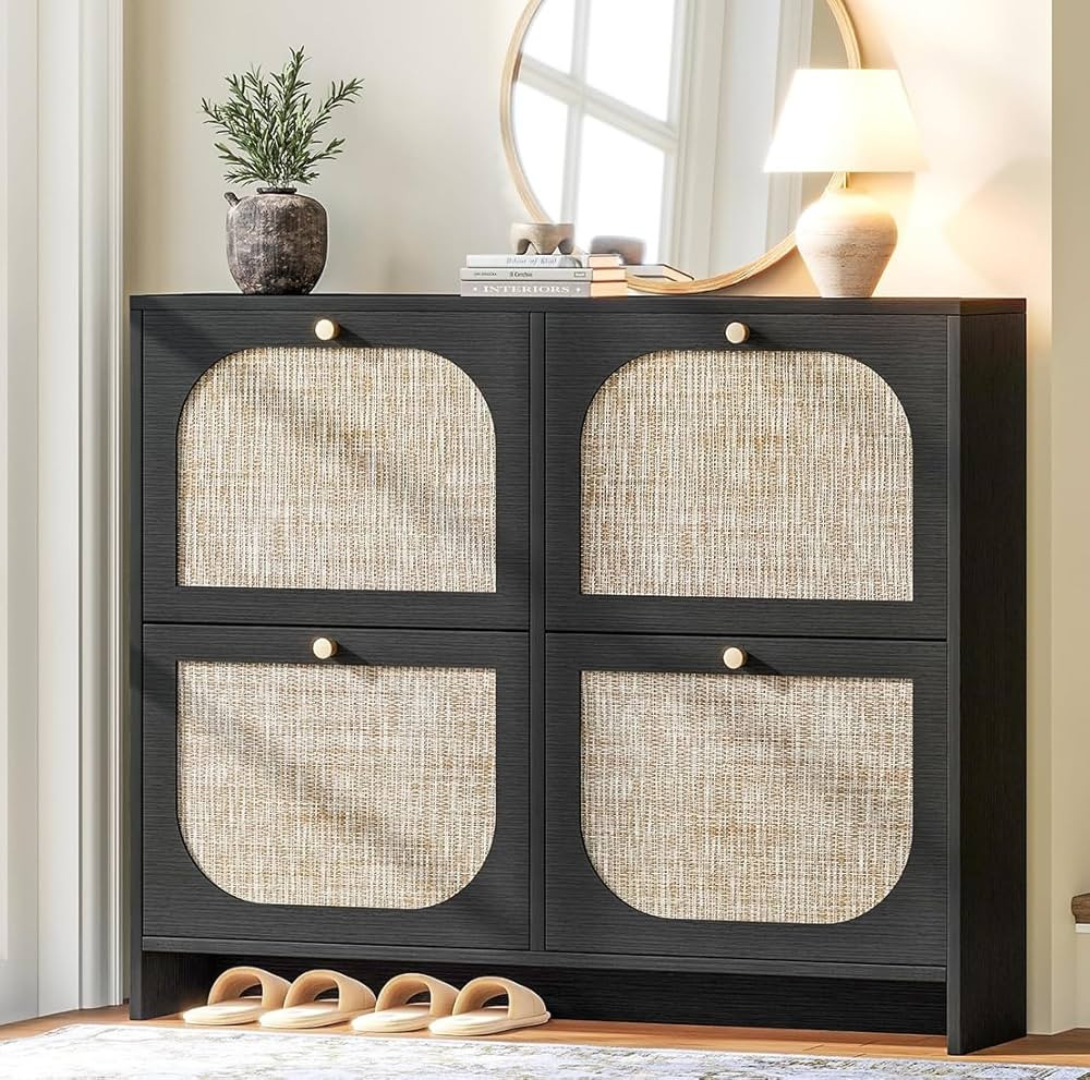 Nicetree Freestanding Arched Rattan Accent Ultra Slim Shoe Cabinet for Entryway - 4 Flip Drawers ... | Amazon (US)
