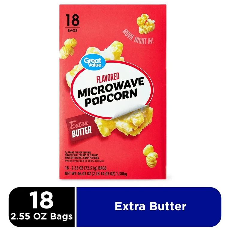 Great Value Extra Butter Flavored Microwave Popcorn, 2.55 oz, 18 Count | Walmart (US)