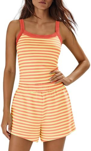 Nirovien Womens 2 Piece Shorts Set Summer Striped Lounge Set Spaghetti Strap Tank Top and Shorts ... | Amazon (US)