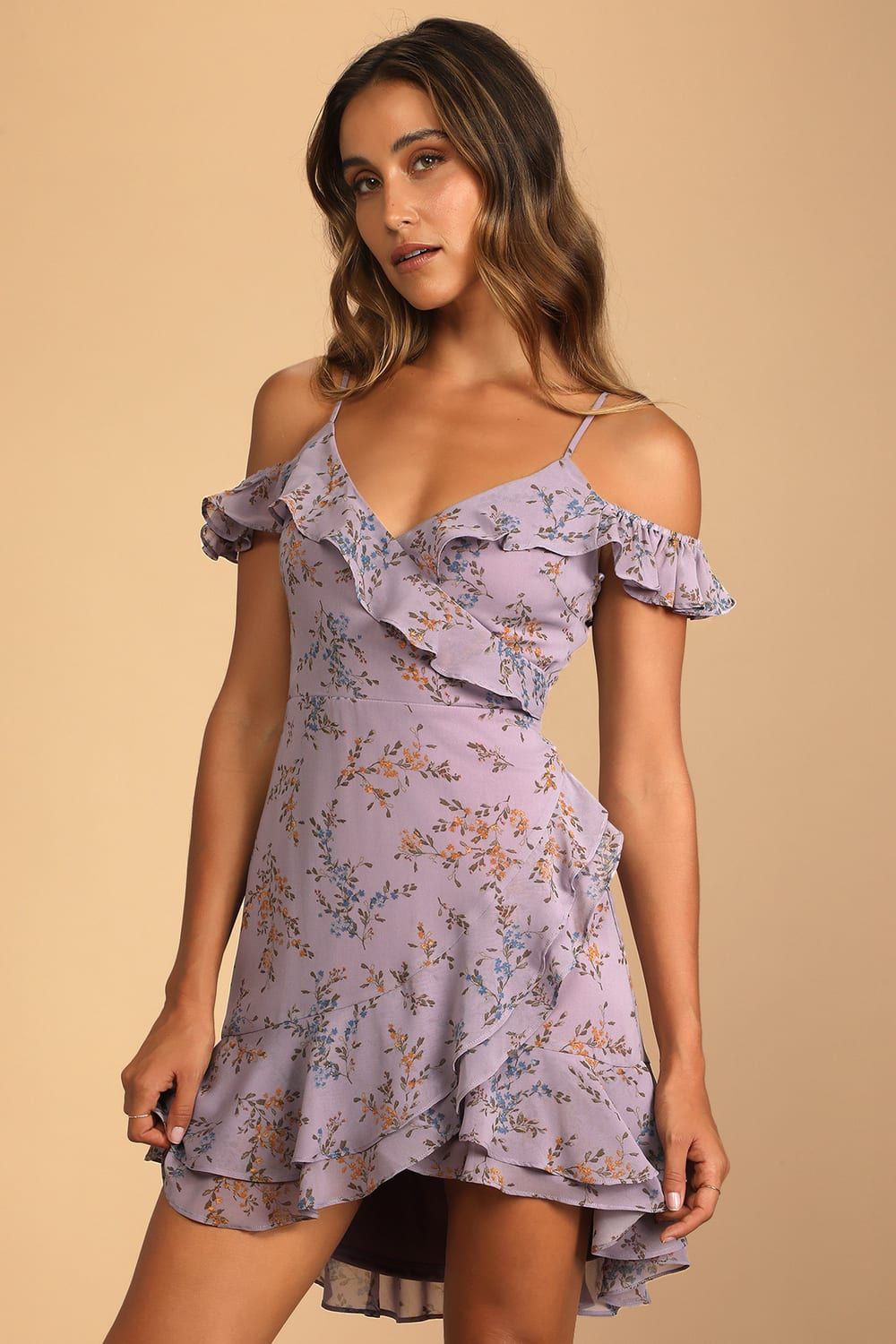So Dreamy Purple Floral Off-the-Shoulder Ruffled Mini Dress | Lulus (US)