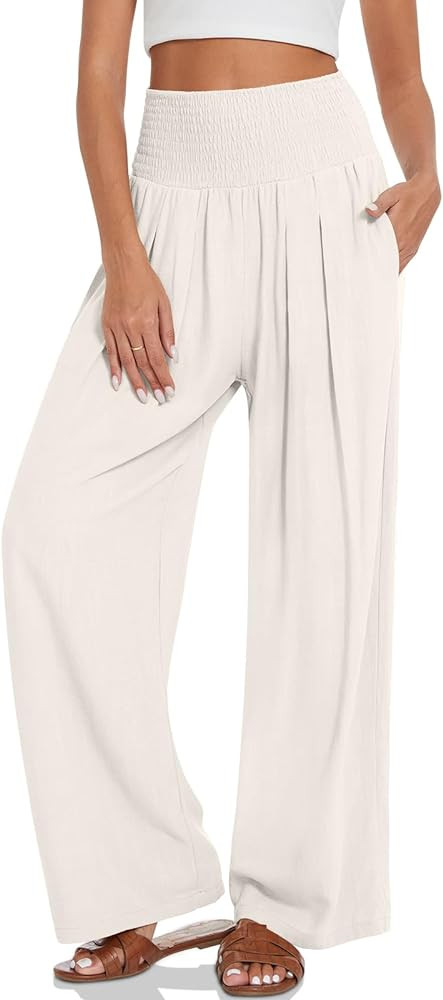 UEU Women's Linen Palazzo Pants Wide Leg High Waisted Lounge Casual Beach Pants with Pockets | Amazon (US)