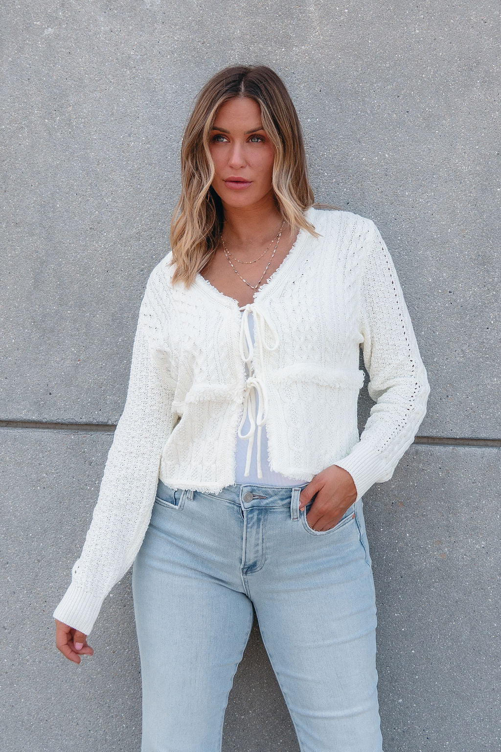 Alina Cream Crochet Tie Front Sweater Cardigan | Magnolia Boutique