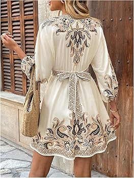 Floerns Women's Boho 3/4 Sleeve Empire Waist Dress Paisley Print V Neck Ruffle A Line Vacation Mi... | Amazon (US)