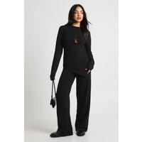 boohoo Women's Ruched Waist Detail Knitted Jumper & Wide Leg Trouser Co-Ord in Black | Size: Large | Boohoo.com (UK & IE)