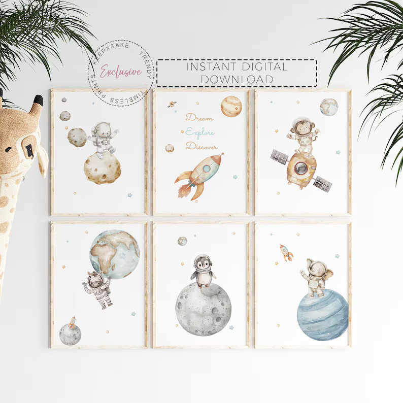 Space Animals Nursery Prints, Set of 6 Space Bear Nursery Decor Nursery Decor Boys Space Baby Sho... | Etsy (US)