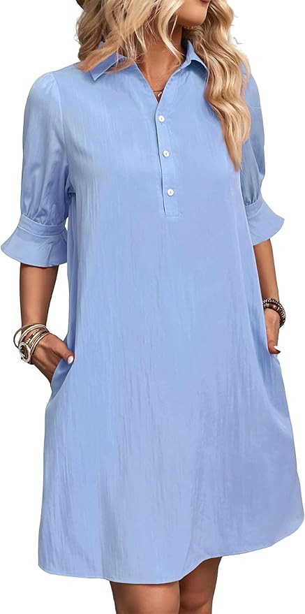 FENSACE Womens Casual Shirt Dress Ruffle Sleeve Button Down Shift Summer Dresses with Pockets | Amazon (US)