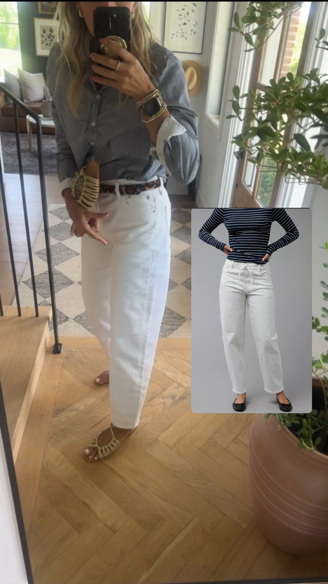 The cutest white jeans! Don’t be scared by the “barrel jean” it’s a very slight barrel and just so cute!! They have some stretch, I sized down. (Wearing a 0)

On sale now!:)