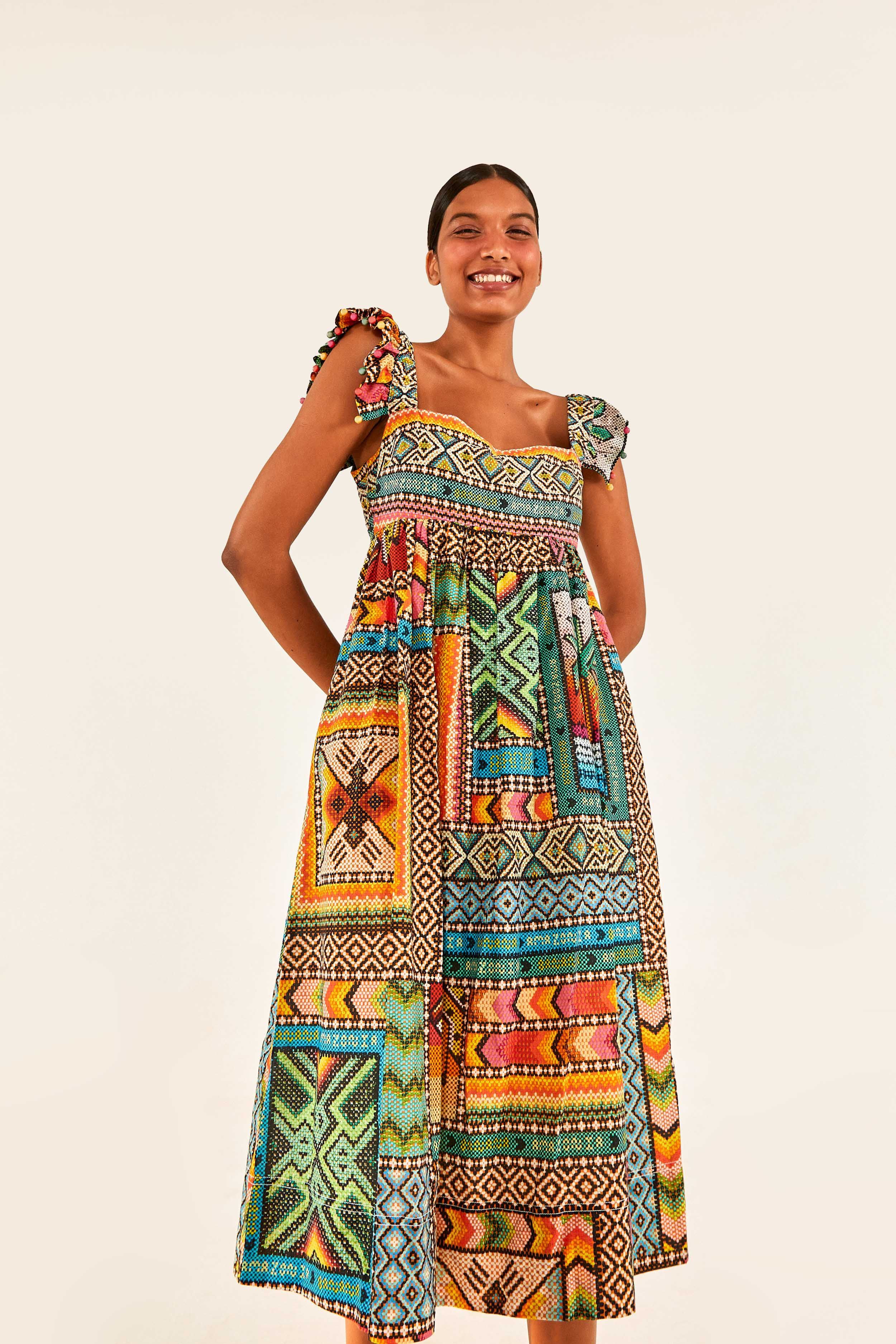 Square Neck Maxi Dress | Banana Scarves Print | FarmRio