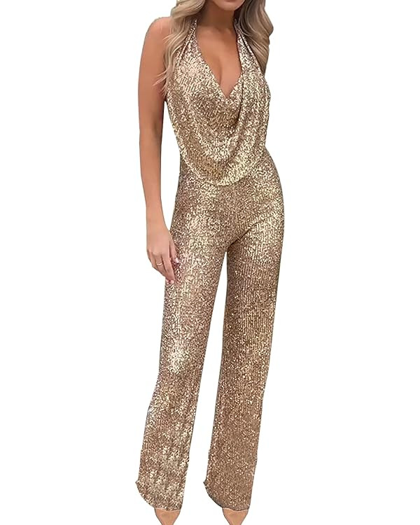 Women's Sexy Halter V Neck Sparkly Jumpsuits 2024 Formal Backless Romper Long Pants Sequins Party... | Amazon (US)
