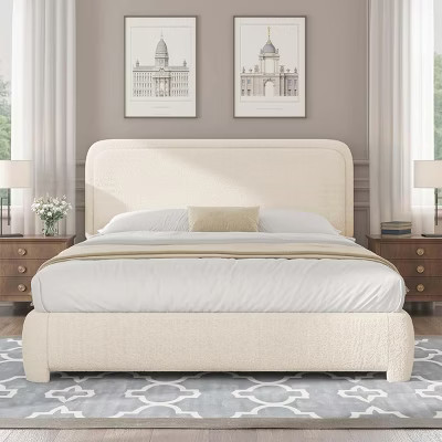 Dyonery Full Size Upholstered Bed Frame with Headboard, Soft Rounded Corners, No Box Spring Required, Adjustable Headboard, Easy Assembly, Beige | Target