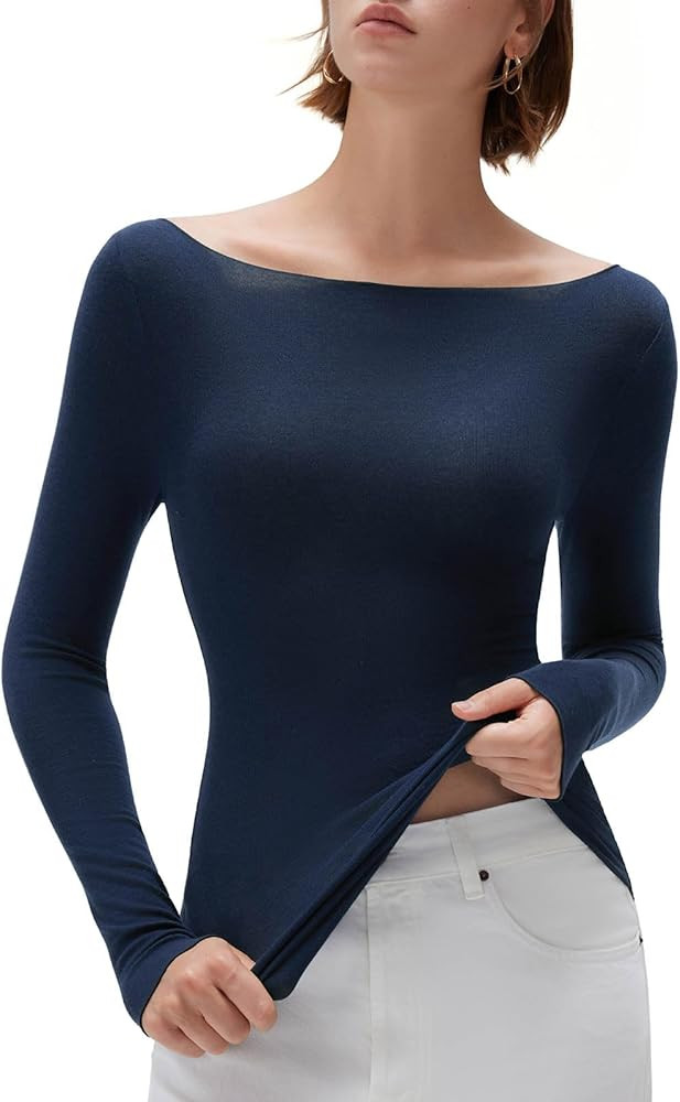 SUUKSESS Cloud Cashmere Women Boat Neck Fitted Long Sleeve Shirt Basic Knit Tops | Amazon (US)
