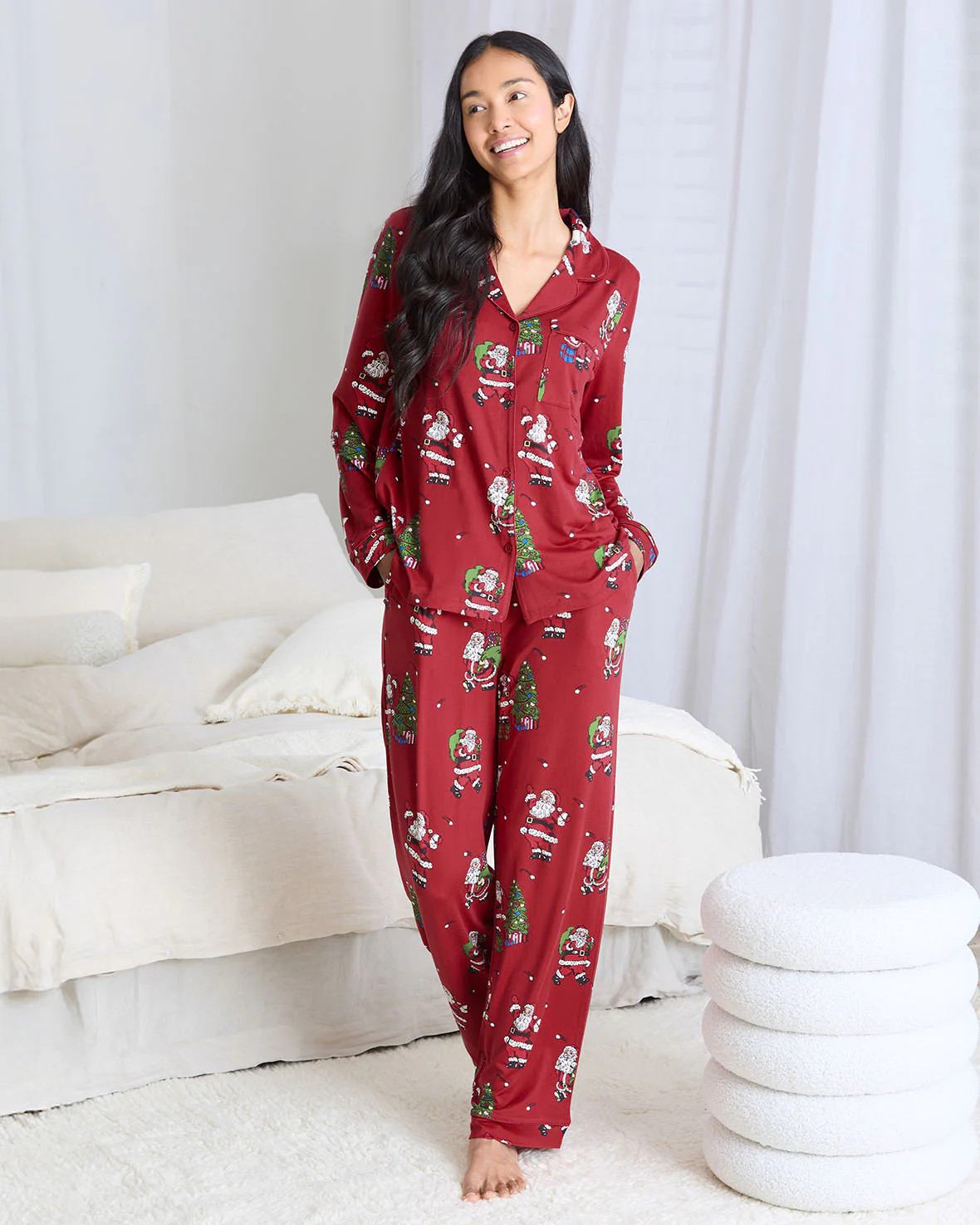 Christmas Santa Snowball Print Long Pyjama Set | Chelsea Peers NYC