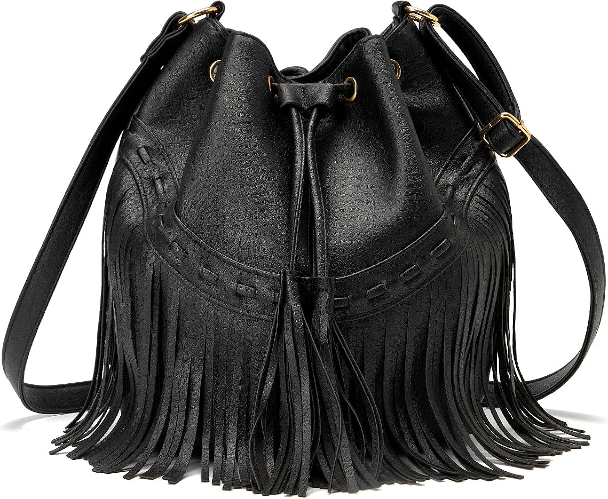 Leather Bucket Bags for Women Crossbody Purses with Drawstring Ladies Tassel Hobo and Shoulder Handb | Amazon (US)