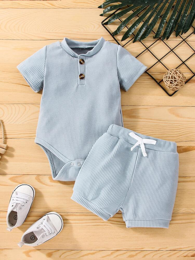 Baby Ribbed Knit Bodysuit & Knotted Front Shorts | SHEIN