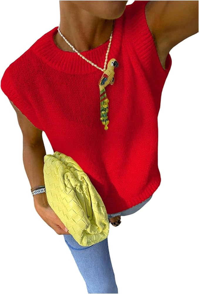 Floerns Women's Going Out Sleeveless Knitted Sweater Vest Crew Neck Pullover Tops | Amazon (US)