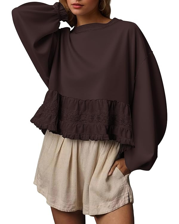 Crew Neck Crop Oversized Sweatshirts For Women Casual Long Puff Sleeve Babydoll Tops Loose Lace P... | Amazon (US)